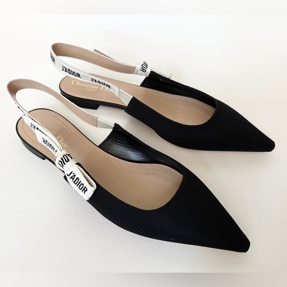 DIOR BLACK FABRIC AND RIBBON FLAT SLINGBACKS SIZE 42